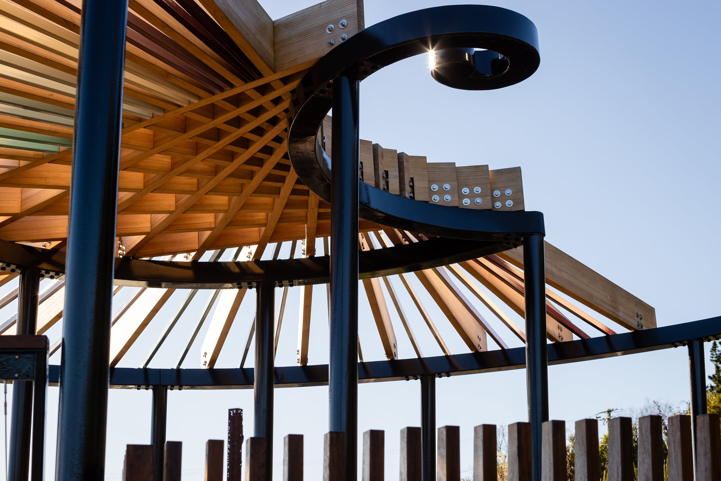 Detail of the curved steel and timber canopy at Takapuneke Reserve