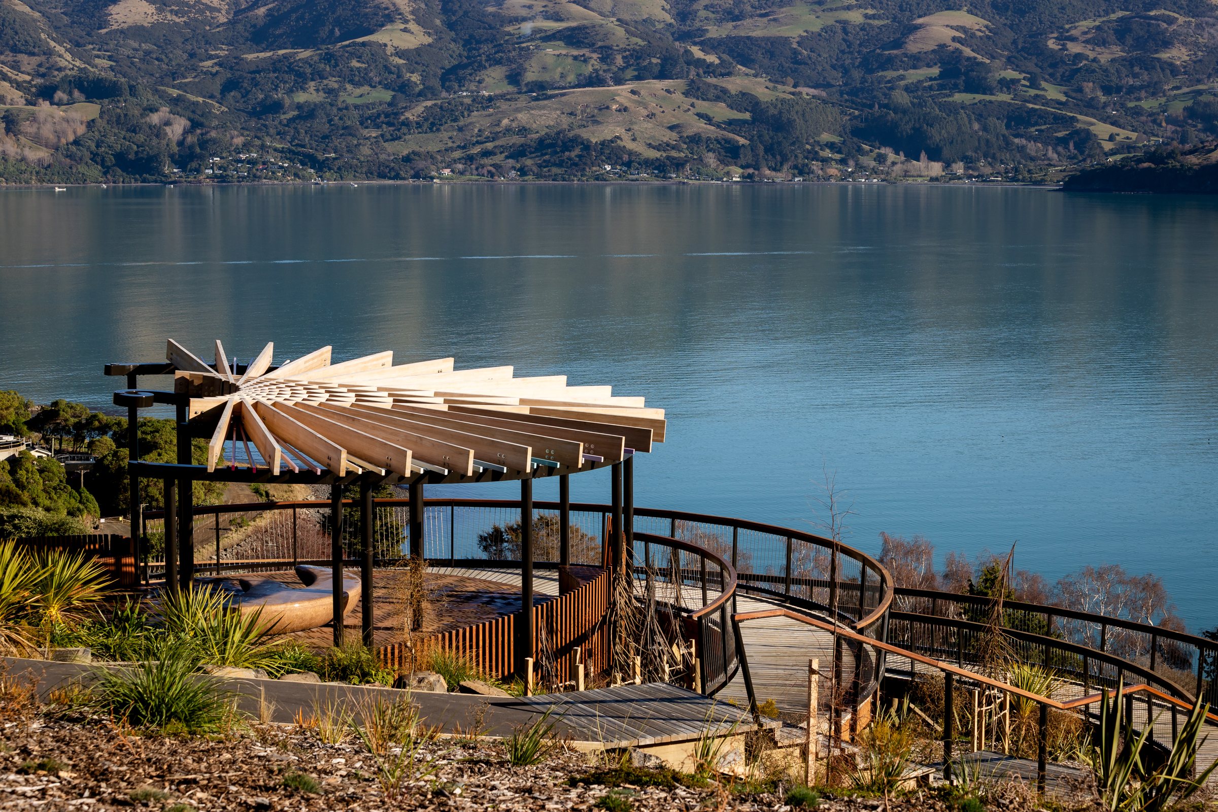 Sculptural timber lookout at Takapuneke Reserve overlooking the harbour, photographed by Parallax Films